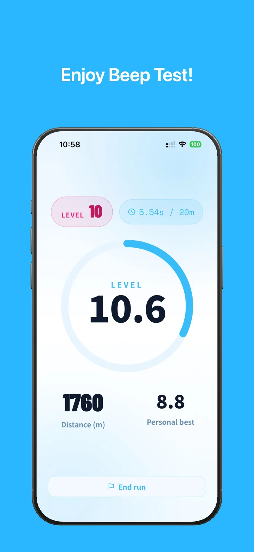 BeepRun live Beep Test screen with level and 20m split time